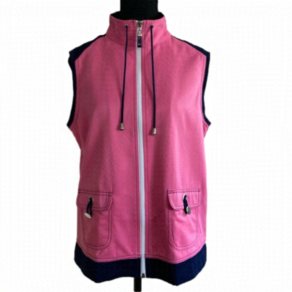 Alia pink & navy full zip vest with front pockets, drawstring neck. Size… - Picture 1 of 11
